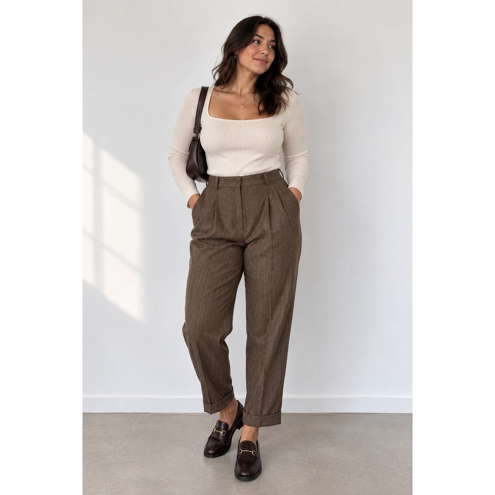 Ralph Lauren VTG  Classic Brown Pinstripe Wool Pleated Cuffed Pants Petite 12P